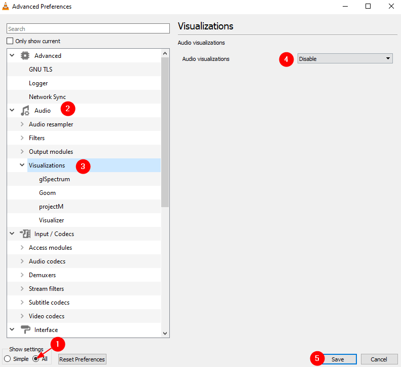 Desactivar visualizaciones de audio mín.