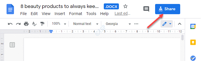 ปุ่มแชร์ไฟล์สีน้ำเงินของ Google Docs