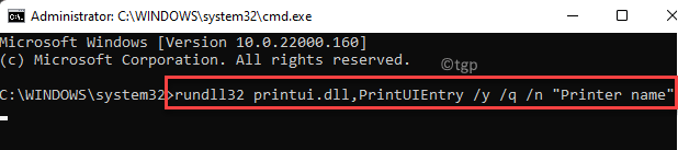Prompt de comando (admin) Executar o comando para definir a impressora padrão Insira o mínimo