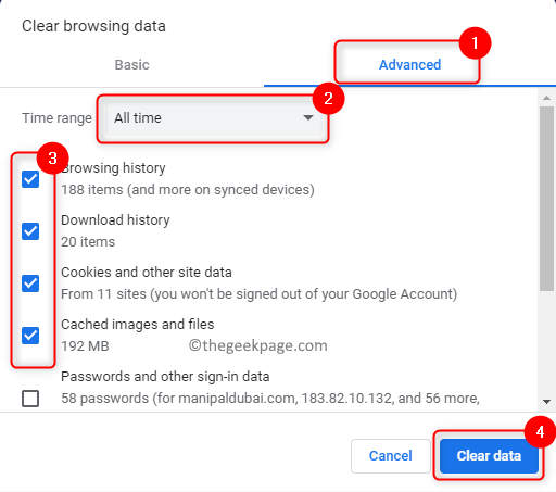 محو بيانات التصفح في Chrome امسح ذاكرة التخزين المؤقت دقيقة