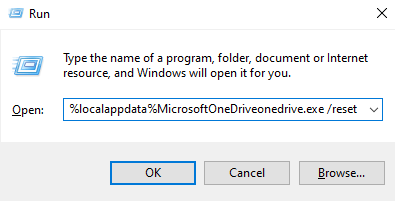 Kør kommando - OneDrive-fejl 0x8004de86
