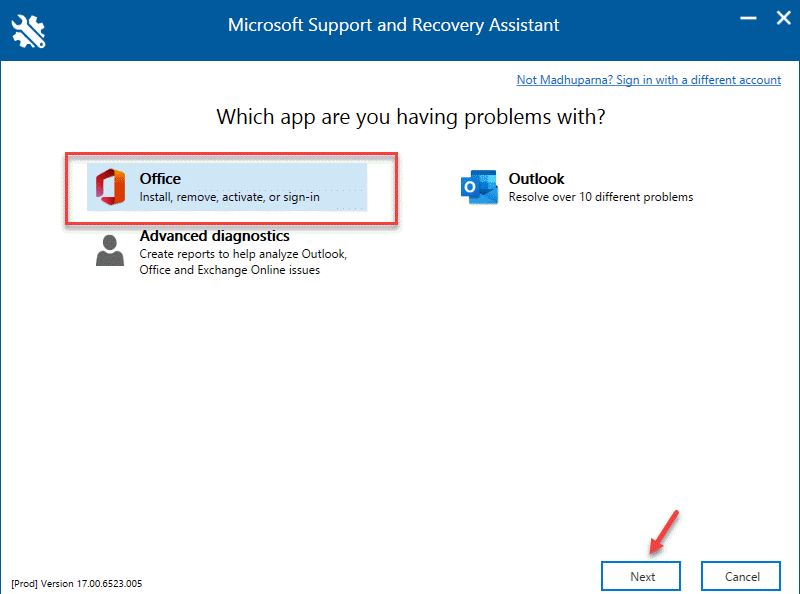 Asistente de recuperación y soporte técnico de Microsoft Office Siguiente