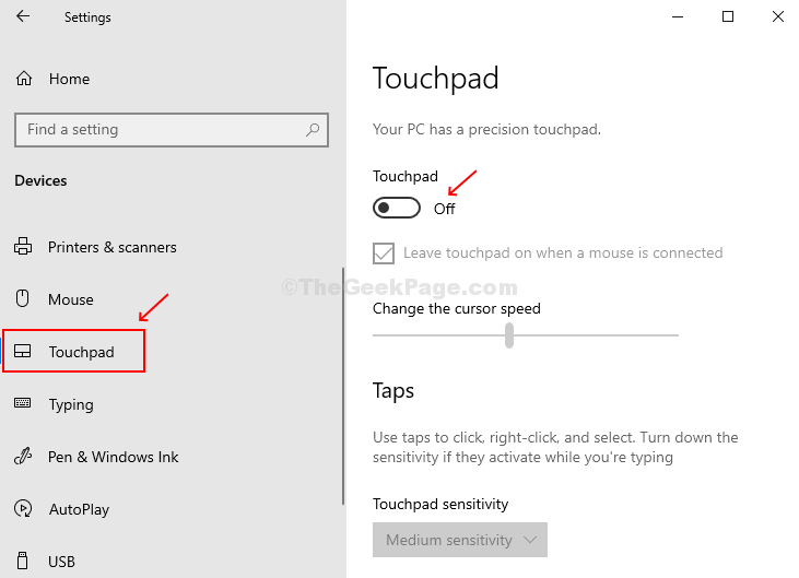 Rul ned til Touchpad Option, Sluk Touchpad