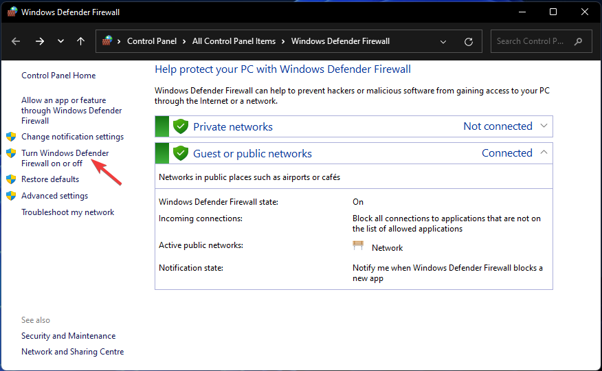 Включете или изключете защитната стена на Windows Defender Грешка при активиране на Windows 11 0x87e10bc6
