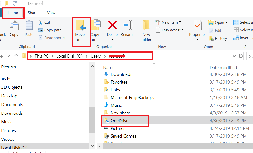 OneDrive- Pindahkan folder - Lokasi Default