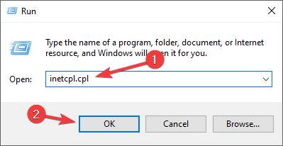 inetcpl esegui la finestra in Windows 10 