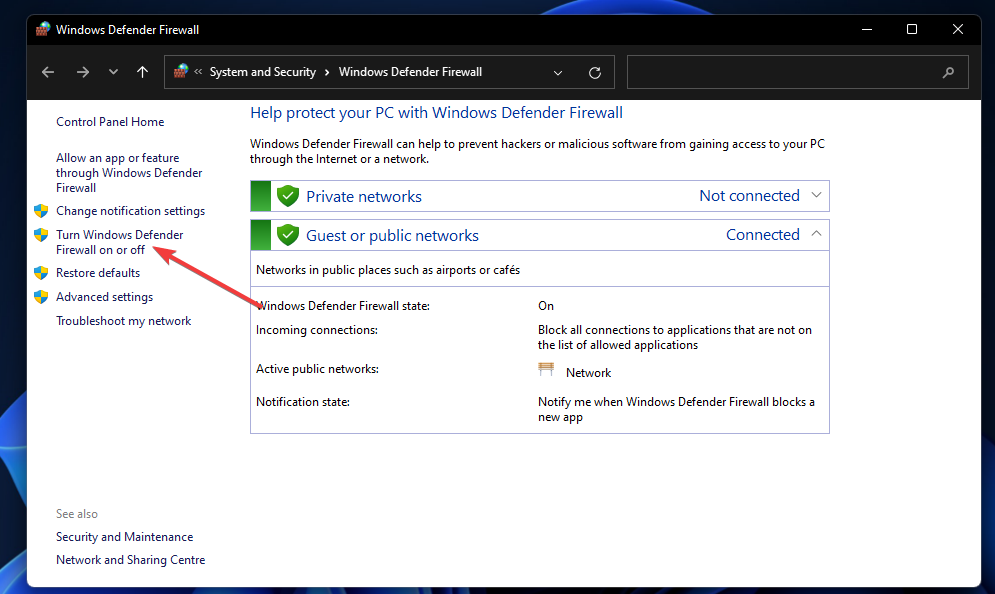 Attivare o disattivare Windows Defender Firewall non è stato possibile installare la sinapsi razer di Windows 11