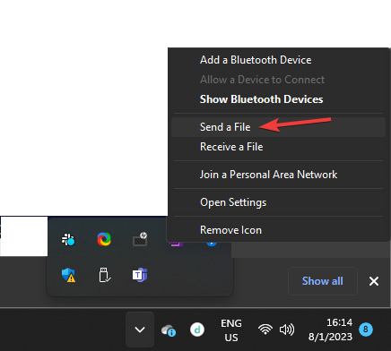 Send en fil Del filer over Bluetooth-vinduer