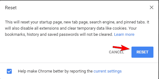 Chyba připojení vypršela, resetujte Chrome na tovární nastavení