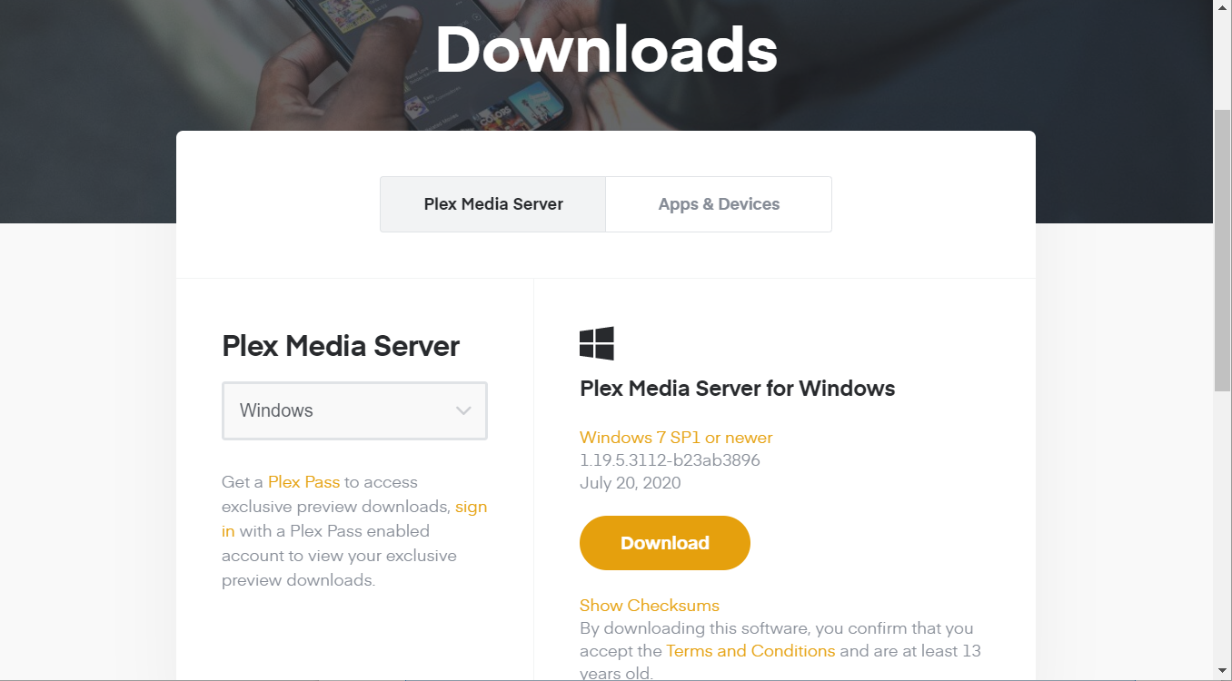 La pagina di download di Plex Media Server trasmette il pc al firestick