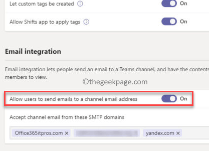 Team Admin Center Configurações de toda a organização Integração de e-mail Permitir que os usuários enviem e-mails para um canal Endereço de e-mail Mínimo (1)