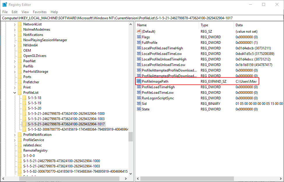 ProfileImagePath string windows 10 excluída conta de usuário reaparecendo