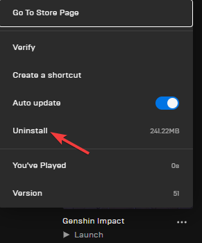 Klõpsake kolmel punktil ja valige Genshin Impact jaoks Desinstalli