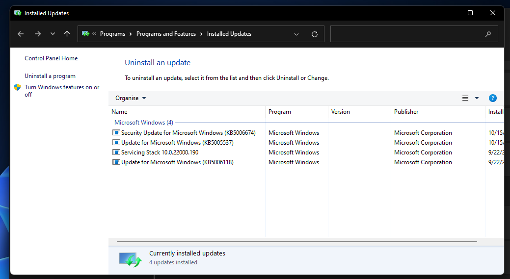 Aplet Zainstalowane aktualizacje inaccessible_boot_device windows 11