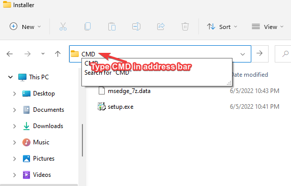 digita cmd nella barra degli indirizzi per reinstallare edge in modalità amministratore