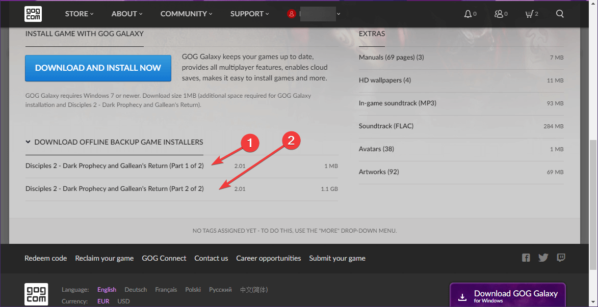 Lejupielādējiet GOG rezerves instalēšanas programmu