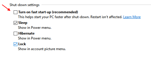 Fjern merket for Slå på hurtigstart Windows 10