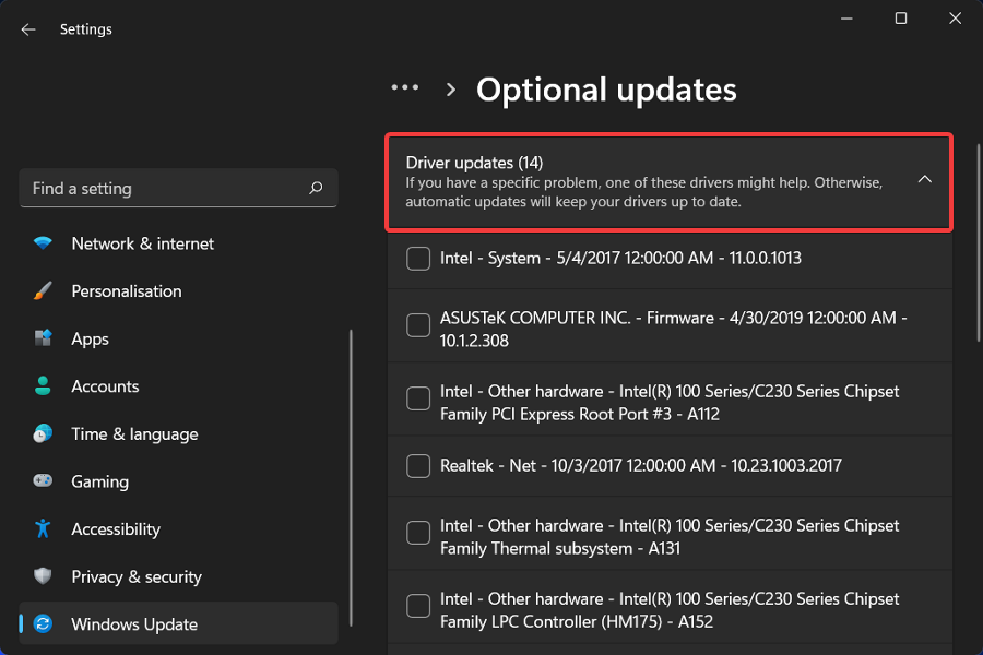 driver-updates-showcase branduolio saugos patikros klaida Windows 11