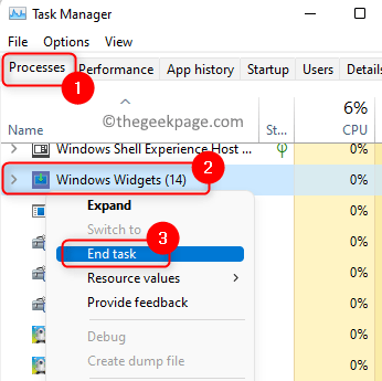 Task-Manager Hintergrundprozesse Windows-Widgets Task beenden Min