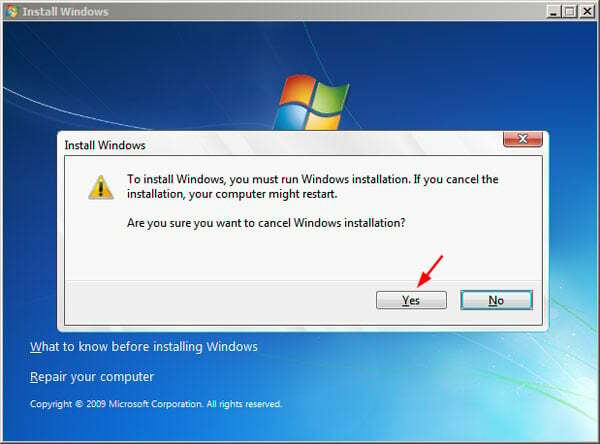 Kliknij Tak w wyskakującym okienku instalacji systemu Windows.