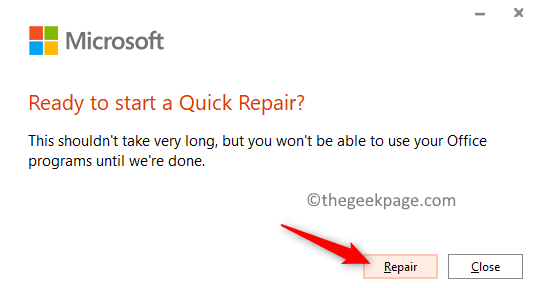 Office 365 Bevestig Snelle reparatie Min