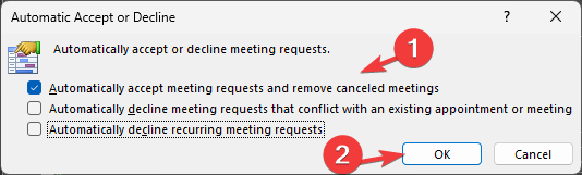 OUTLOOK_select Accepter automatiquement les demandes de réunion et supprimer les réunions annulées