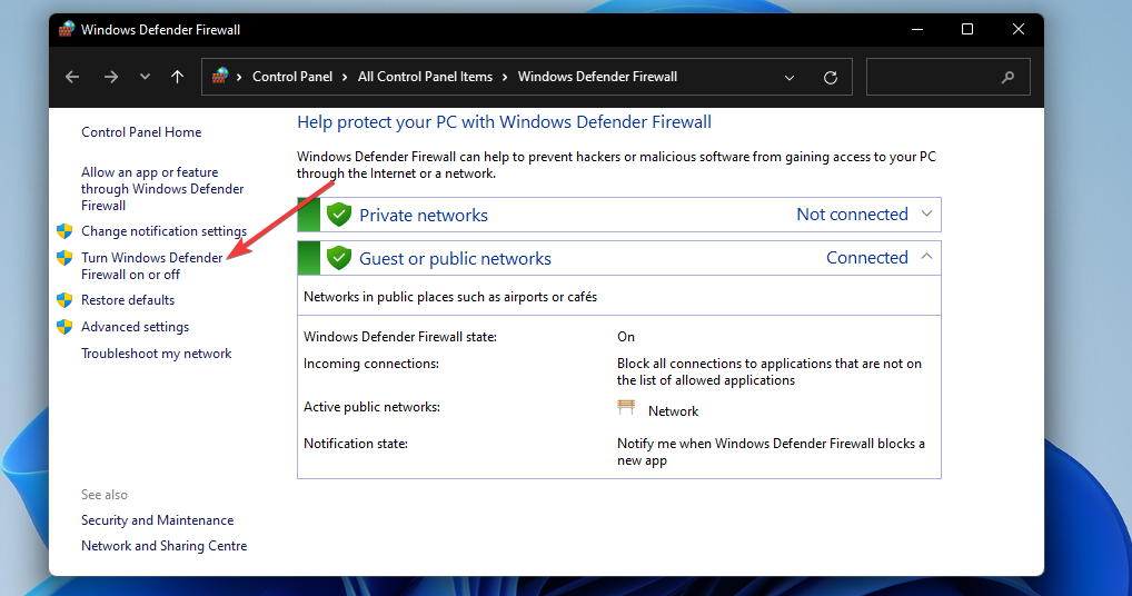 Ota Windows Defenderin palomuuri käyttöön tai poista se käytöstä minecraft-käynnistin ei avaa Windows 11:tä