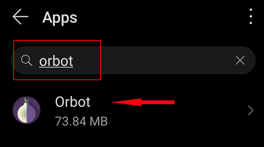 Android parāda Orbot lietotnes meklēšanu