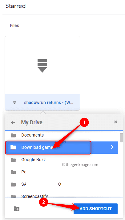 Google Drive tähdellä merkitty Valitse kansio Lisää pikakuvake Min
