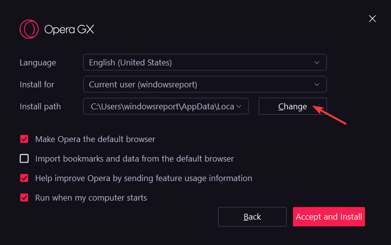 Change-path Opera gx installer ei tööta