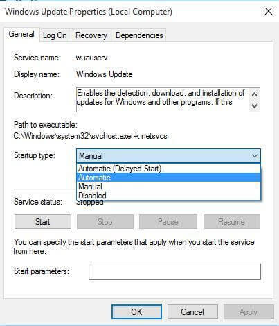 periksa status untuk Layanan Pembaruan Windows