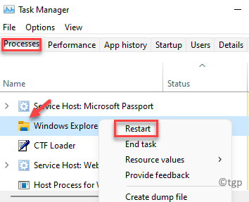 Cilne Uzdevumu pārvaldnieks Procesi Windows Explorer Ar peles labo pogu noklikšķiniet Restart Min
