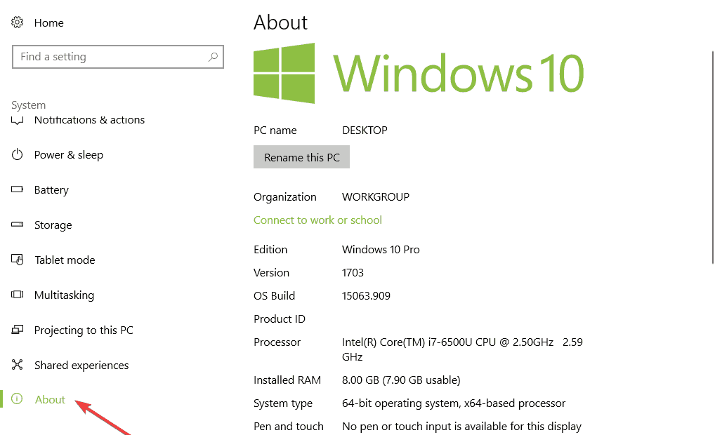 informacije o sistemu Windows 10