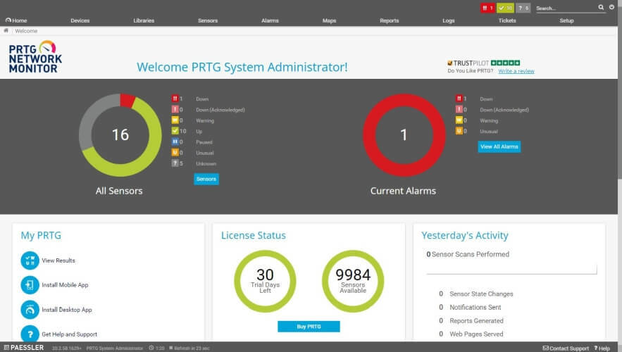 PRTG tinklo monitoriaus sąsaja