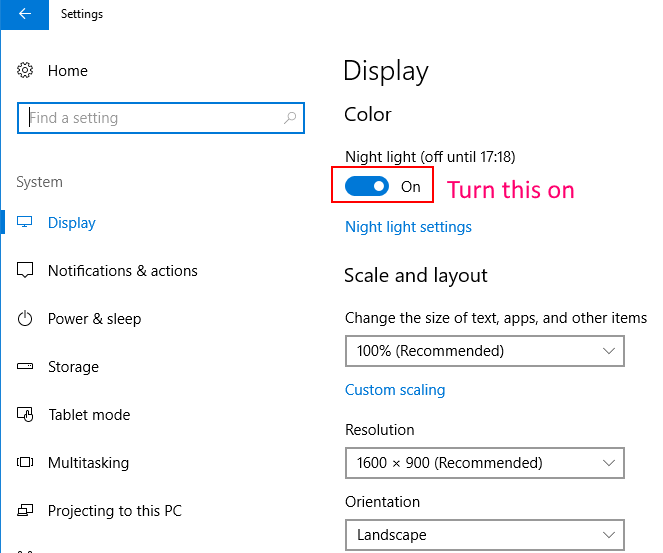 Lülitage öise valguse seaded sisse Windows 10
