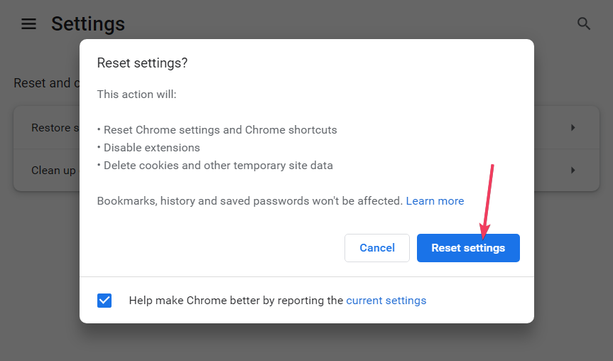El botón Restablecer configuración de Chrome dice descarga en curso
