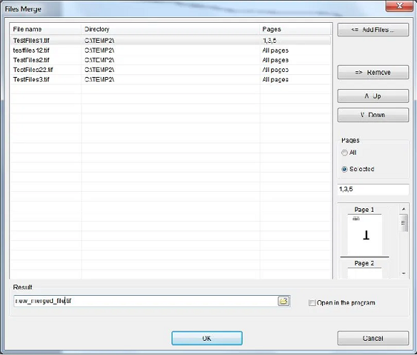 Ein Fenster zum Zusammenführen von Dateien kombiniert TIFF-Dateien
