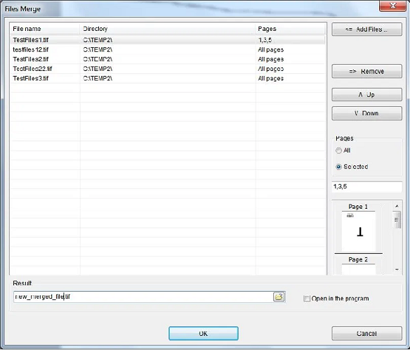 Вікно злиття файлів поєднує файли TIFF
