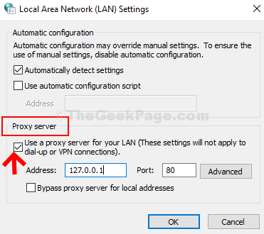 Nastavení sítě LAN Zaškrtněte pro server Lan použít proxy server