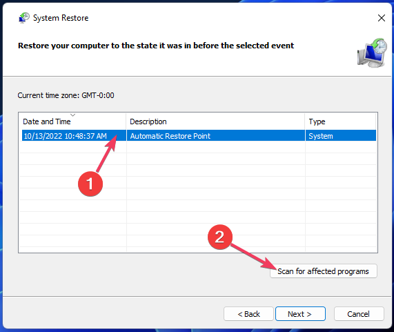 Сканиране за засегнати програми, бутон за връщане назад на драйвера на Windows 11