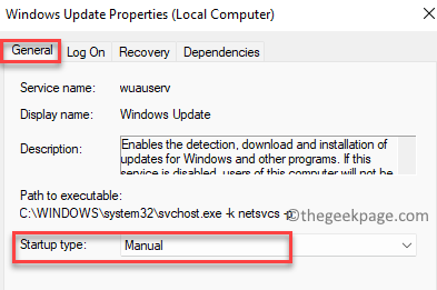 „Windows Update“ ypatybių skirtukas „Bendra“ Paleisties tipo vadovas