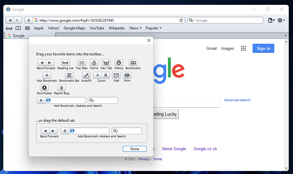 Le opzioni di personalizzazione della barra degli strumenti scaricano Safari Windows 11