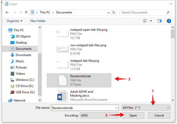 टैब फ़ाइलें खोलने के लिए ओपन डायलॉग का उपयोग करना