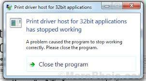 توقف مضيف برنامج تشغيل الطباعة لتطبيقات 32 بت عن العمل.