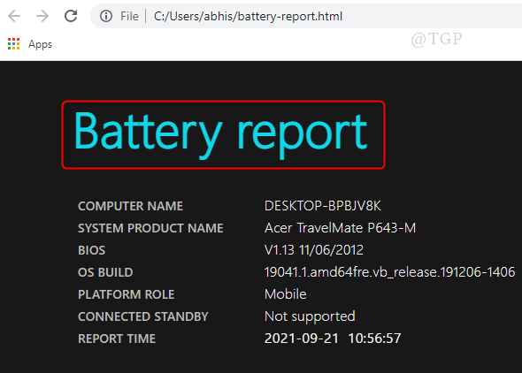 Endgültiger Batteriebericht im Browser. Mindest