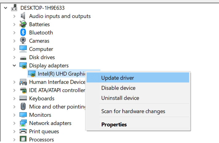 Актуализирайте фатална грешка на драйвера за графичен дисплей на Intel UHD