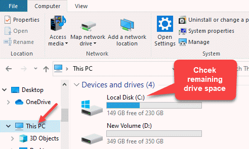 File Explorer Šī datora labajā pusē pārbaudiet atlikušo diska vietu