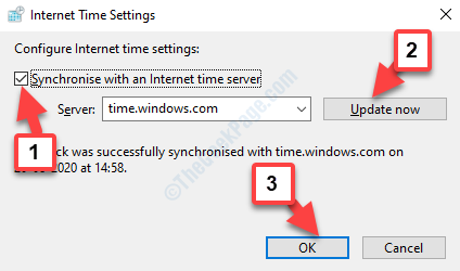 Nastavenia internetového času synchronizované s internetovým časovým serverom Skontrolujte aktualizáciu Ok