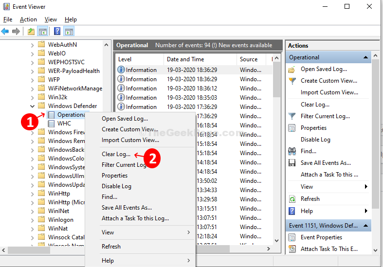 Buka Folder Pembela Windows Di Kiri, Klik Kanan Pada Operasional, Dan Klik Hapus Log