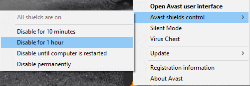 Avast Shield steuert die Behebung des Fehlers 1713 Windows 10